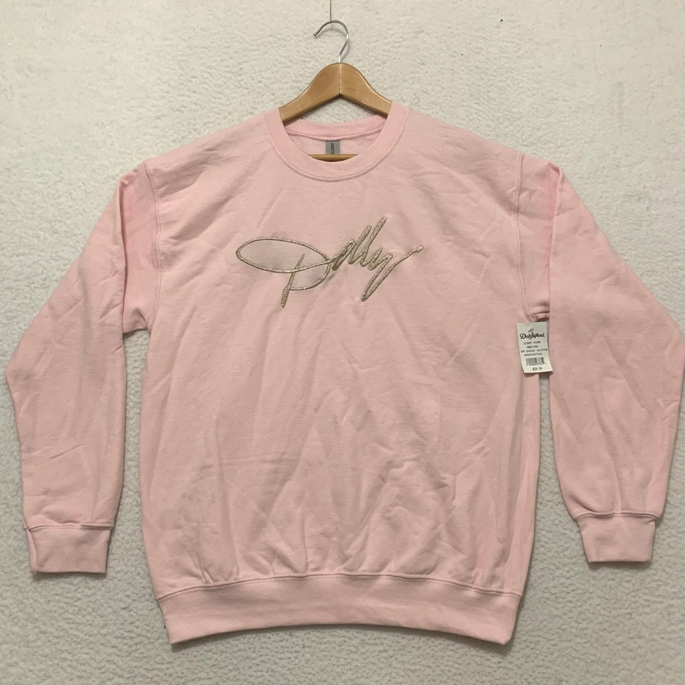 Dollywood Dolly Parton Glitter Script Logo Sweatshirt Womens M Crewneck Pink NWT